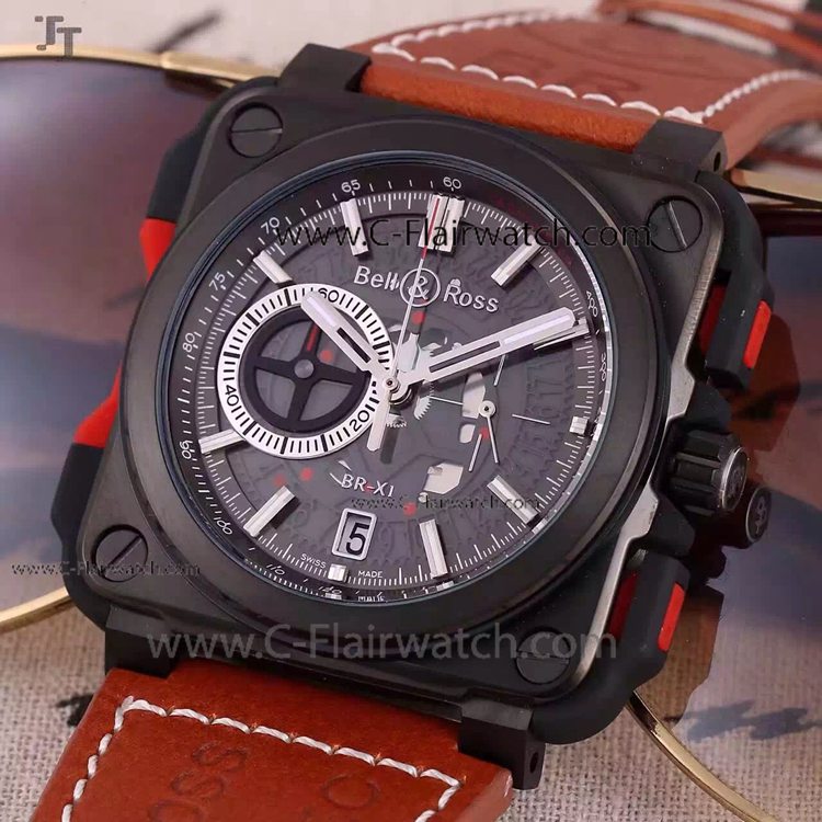 Bell and Ross Black Case Red Leather Band Replica Watch